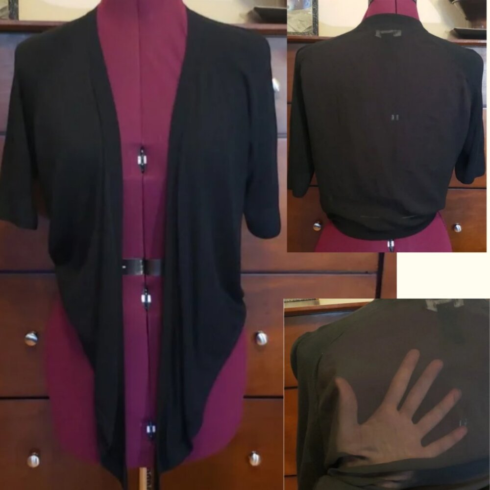 WHBM Short Sleeve Chiffon Back Solid Black Tie-Front Cardigan, Size S